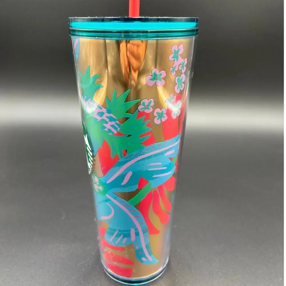 Starbucks 24 oz Reusable Cold Cup Tumbler Tropical Floral Teal Lid Straw